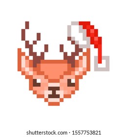 Cute Santa's reindeer wearing Christmas hat on a horn, pixel art character isolated on white background. 8 bit deer head symbol. Winter holiday logotype. Retro user avatar icon, sticker, emoji, print.