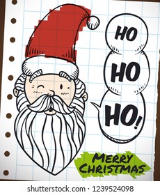 Cute Santa's school drawing in notebook paper with the traditional "ho ho ho" laugh and painted with markers for Christmas celebration.