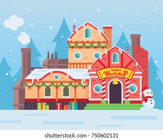 Cute Santa's Workshop Building Illustration, Suitable For Merry Christmas Card Illustration, Banner, And Other Christmas Related Celebration