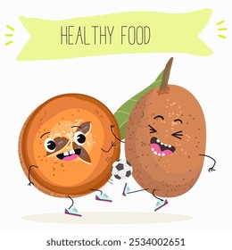 Cute sapodilla characters, funny fruits, different activities. Flat vector illustration. Organic food, healthy food, illustrations for kids menu, invitations.