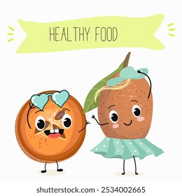 Cute sapodilla characters, funny fruits, different activities. Flat vector illustration. Organic food, healthy food, illustrations for kids menu, invitations.