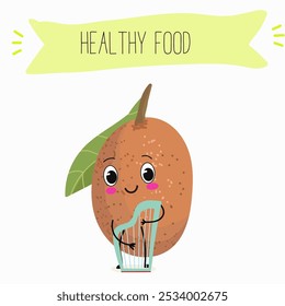 Cute sapodilla characters, funny fruits, different activities. Flat vector illustration. Organic food, healthy food, illustrations for kids menu, invitations.
