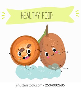 Cute sapodilla characters, funny fruits, different activities. Flat vector illustration. Organic food, healthy food, illustrations for kids menu, invitations.