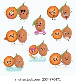 Cute sapodilla characters, funny fruits, different activities. Flat vector illustration. Organic food, healthy food, illustrations for kids menu, invitations.