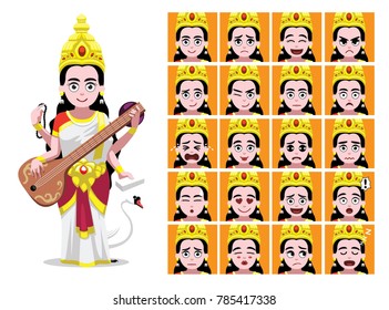 Cute Saraswati Cartoon Emotion faces Vector Illustration