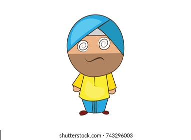 Cute Sardar Character crazy. Vector Illustration. Isolated on white background.