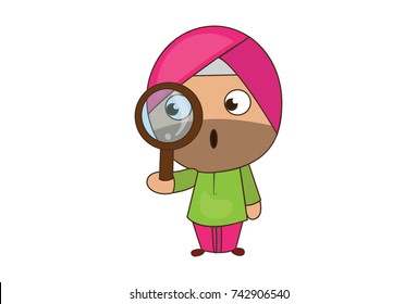 Cute Sardar Character with a magnifying glass. Vector Illustration. Isolated on a white background.