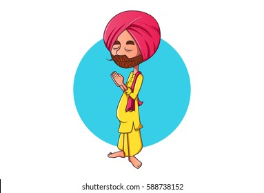 Cute Sardar ji folding hands and praying. Vector illustration. Isolated on white background.