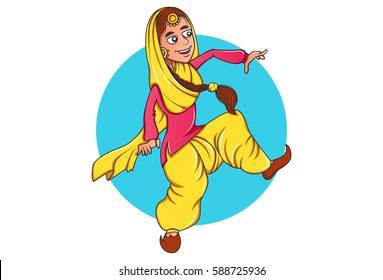 Cute Sardarni dancing happily. Vector illustration. Isolated on white background.