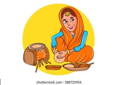 Cute Sardarni haciendo chapatis en la estufa de tierra. Ilustración vectorial. Aislado sobre fondo blanco.