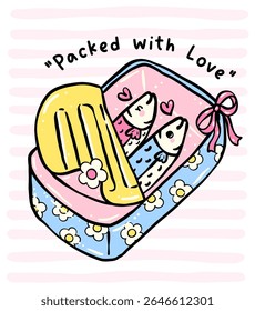 cute sardine couple in tin can with ribbon bow and packed with love quote in pastel coquette doodle style for kawaii art print, sticker, and wall art