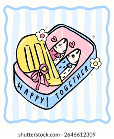 cute sardine couple in tin can with ribbon bow and happy together quote in pastel coquette doodle style for kawaii art print, sticker, and wall art