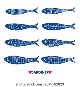 Cute  sardine. Kids background. Sardines, salmon, tuna, tilapia. Vector set. silhouette. Kids illustration.