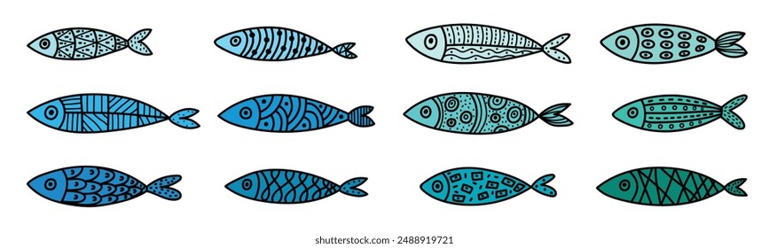 Cute sardine.  Kids background. Seamless pattern. Set. Transparent background