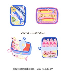 Cute Sardine Seafood Doodles Set Playful Seafood Collection - Cartoon Sardines More Fresh  Friendly Seafood - Cute Sardine Cartoons