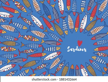 Cute sardine.  Vector sea poster.