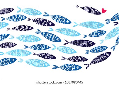 Cute sardine. Vector sea poster.