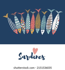 Cute sardines. Colorful greeting card.