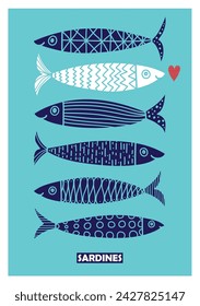 Cute sardines and heart. Vintage greeting card.