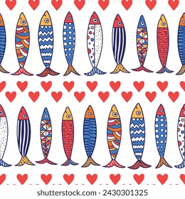 Cute sardines and hearts.  Kids background. Seamless pattern. Can be used in textile industry, paper, background, scrapbooking.