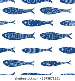 Cute sardines. Kids background.Seamless pattern. Can be used in textile industry, paper, background, scrapbooking. Advertising, menu or packaging design elements.