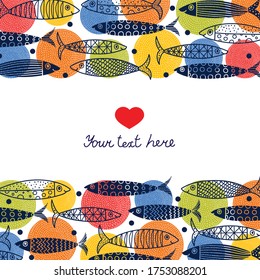 Cute sardines. Postcard with colorful fish.