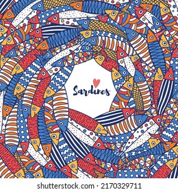 Cute sardines. Postcard with colorful fish.