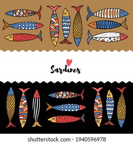 Cute sardines. Postcard with  fish.