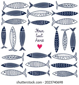 Cute sardines. Postcard with line fish.