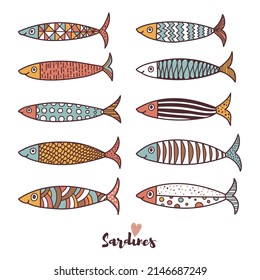 Cute sardines.  Scandinavian vector set. Kids illustration.