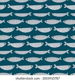 Cute sardines, silver fishes vector seamless pattern background for sea life and food design.
