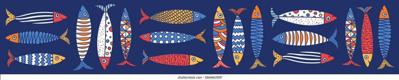 Cute sardines. Vector sea poster.