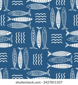 Cute sardines and wave.  Kids background. Seamless pattern. Can be used in textile industry, paper, background, scrapbooking.