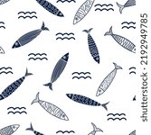 Cute sardines and waves.  Seamless pattern. Can be used in textile industry, paper, background, scrapbooking.