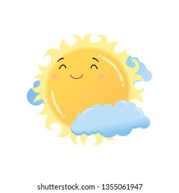 Cute satisfied yellow sun in clouds emoji sticker isolated on white background