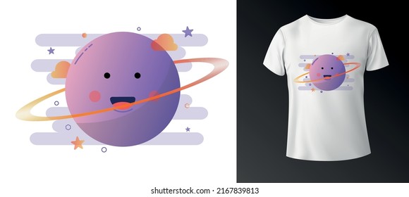 Cute Saturn Design in Flat Cartoon Style, Vector Illustration