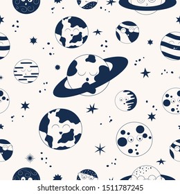 Cute saturn, earth and other planets seamless pattern. Background with solar system space stars for kids textile.