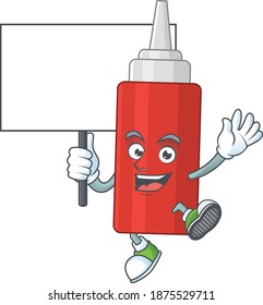 Cute sauce bottle mascot design smiley with rise up a board. Vector illustration
