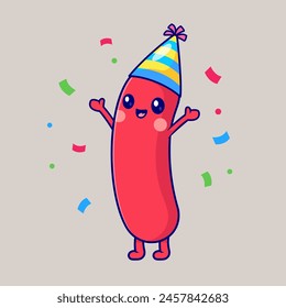 Cute Sausage Fiesta de cumpleaños ilustración de Vector de dibujos animados. Alimento Festiva Icon Concept Aislado Premium Vector. Estilo plano de dibujos animados