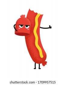 Cute sausage cartoon character holding his head. Eat sausage with mustard vector illustration. Annoyed frankfurter lost his head. Creative character design. Happy bbq party illustration.