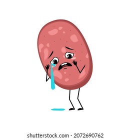 Cute sausage character with crying and tears emotion, sad face, depressive eyes, arms and legs. Fun meal or meat snack with melancholy expression. Vector flat illustration