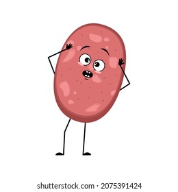 Cute sausage character with emotions in panic grabs his head, surprised face, shocked eyes, arms and legs. Fun meal or meat snack. Vector flat illustration