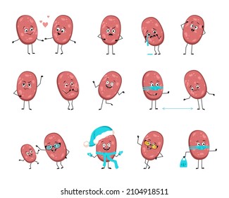 Cute sausage character with happy or sad emotions, panic, loving or brave face, hands and legs. Fun meal or meat snack person with mask, glasses or hat. Vector flat illustration