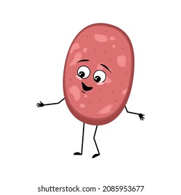Cute sausage character with joyful emotions, happy face, smile, eyes, arms and legs. Fun meal or meat snack. Vector flat illustration