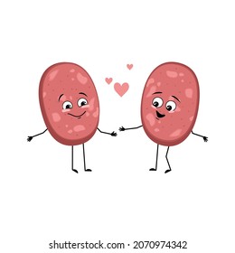 Cute sausage character with love emotions, smile face, arms and legs. Fun meal or meat snack. Vector flat illustration