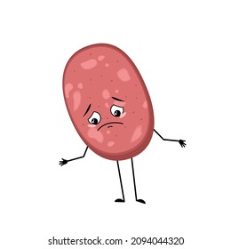 Cute sausage character with sad emotions, depressed face, down eyes, arms and legs Fun meal or meat snack with melancholy expression. Vector flat illustration