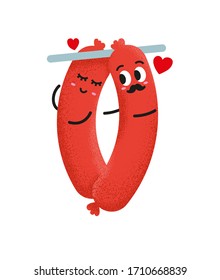 Cute sausage couple love each other. A pair of cartoon sausage vector illustration. Grill party design element. The male sausage have moustache. Creative design for children tales.