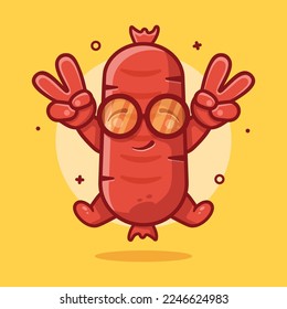 cute sausage food character mascot with peace sign hand gesture isolated cartoon in flat style design