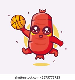 cute sausage food character mascot playing basketball isolated cartoon