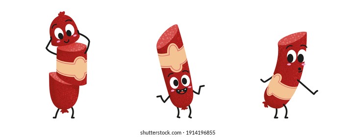 Cute sausage friends with funny face. Traditional Hungarian salami meat characters. Happy cartoon vector illustration. Three playing sausages for children books. Grill party design element